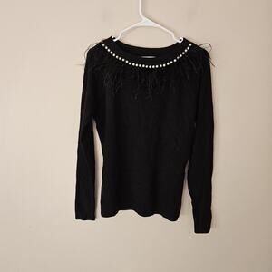 Sioni 3/4 Sleeve Sweater Women's Medium Black Faux Feathers